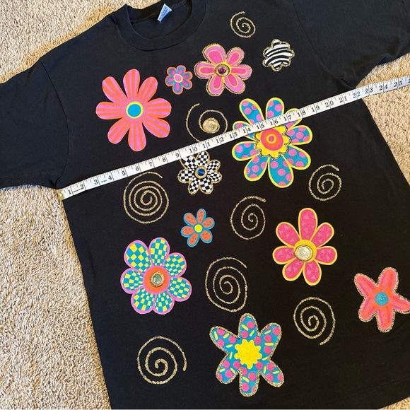 1990s Puff Paint Flower T-Shirt Size XL - Picture 7 of 9